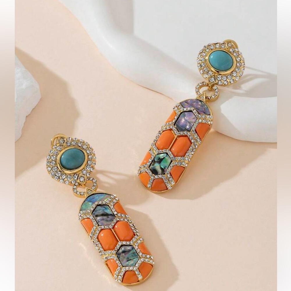Mosaic Drop Post Earrings- Coral, Abalone & Turquoise - Gold Tone NEW - Picture 3 of 5